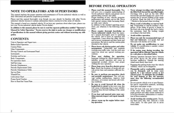 Toyota FD100 operators manual